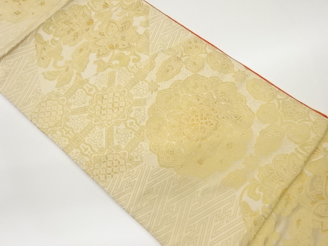 華紋に花唐草・古典柄模様織出しリバーシブル全通袋帯